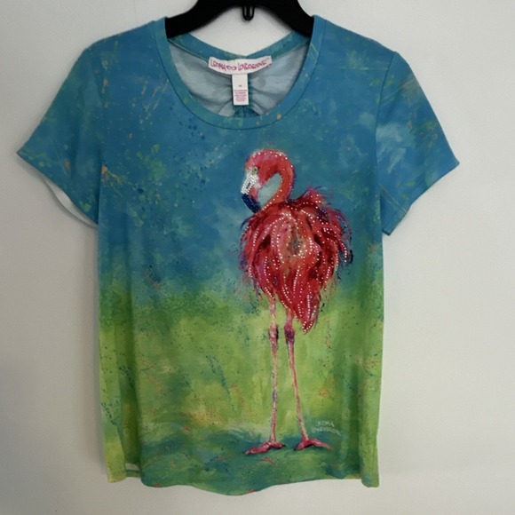 Leoma Lovegrove Tops - Leoma Lovegrove Flamingo Beaded Knit Short Sleeve T-Shirt PM Petites Polyester